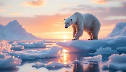 Polar Bear on an Ice Floe in the Arctic with a Soft Pastel Sunset Background
