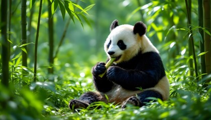 Panda Munching on Bamboo in a Lush Green Bamboo Forest with Soft Natural Lighting
