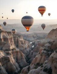 Colorful Hot Air Balloons Floating Over a Vast Canyon at Sunrise with Warm Lighting