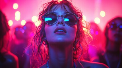 Obraz premium Vibrant nightlife with woman in sunglasses enjoying a music festival