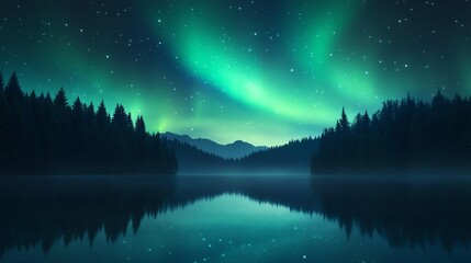 Stunning aurora over tranquil lake landscape.