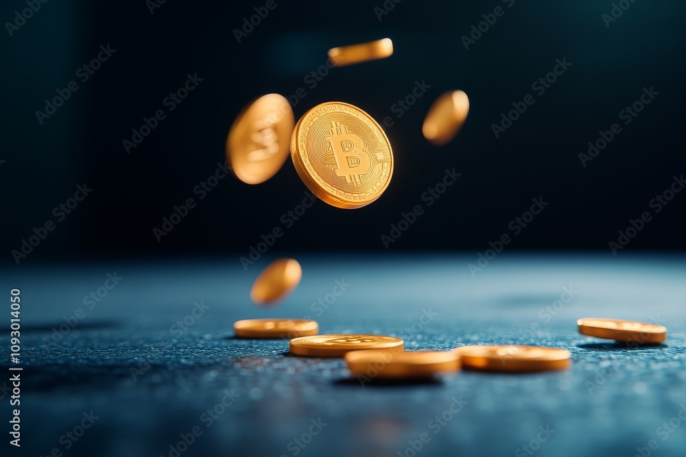 Poster a close-up view of golden coins dropping onto a dark surface, creating a dynamic and visually appeal