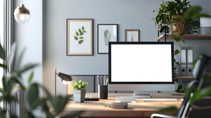 Cozy and Productive Minimalist Home Office Workspace with Laptop Computer Potted Plants Framed Wall Decor and Organized Shelving