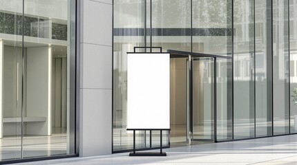 Blank banner stand mockup in front of glass entrance with modern architecture