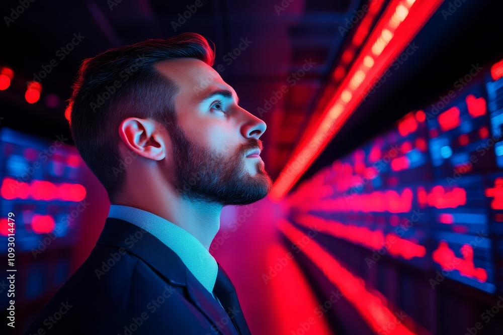 Poster a man in a suit gazes thoughtfully in a futuristic setting illuminated by red and blue lights, creat
