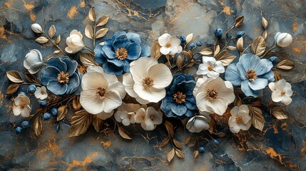 A decorative arrangement of blue and cream flowers against a textured backdrop.