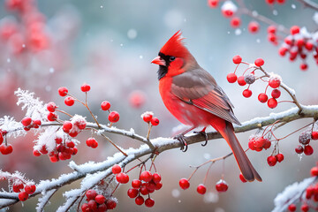 Red cardinal bird on a frosty tree branch with snow red berries in winter, Holiday and Christmas web banner with copy space
