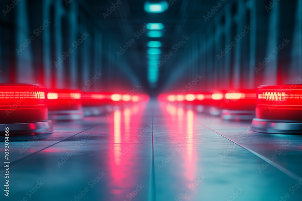Poster a futuristic corridor illuminated by red lights, creating a dramatic atmosphere with a sense of dept