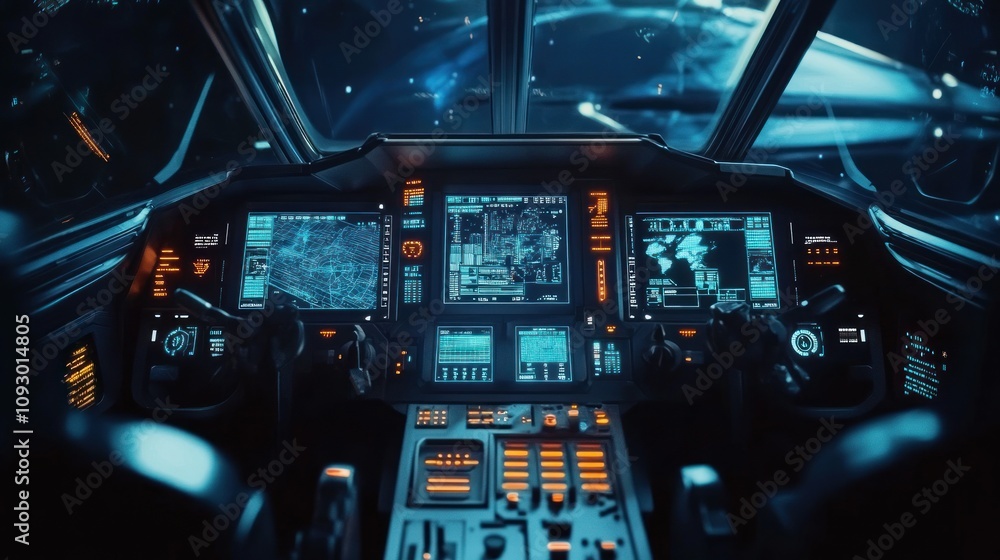 Poster futuristic spaceship cockpit control panel interface