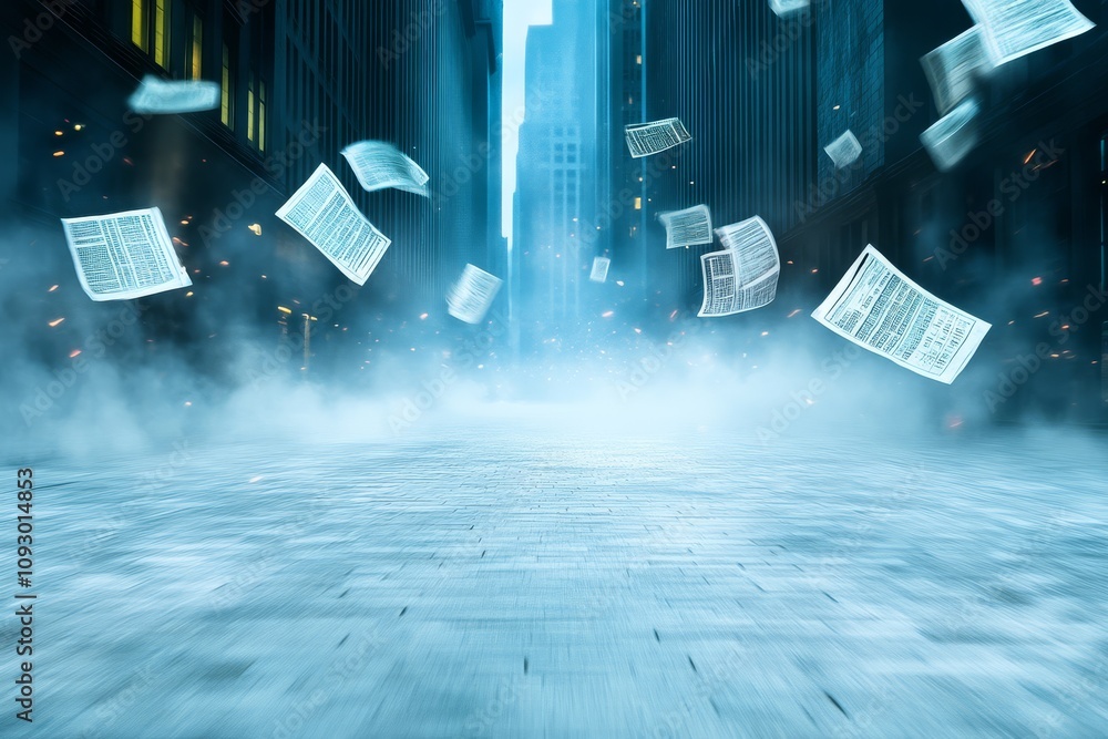 Poster a surreal scene with floating papers in a misty urban environment, illuminated by ethereal light, cr