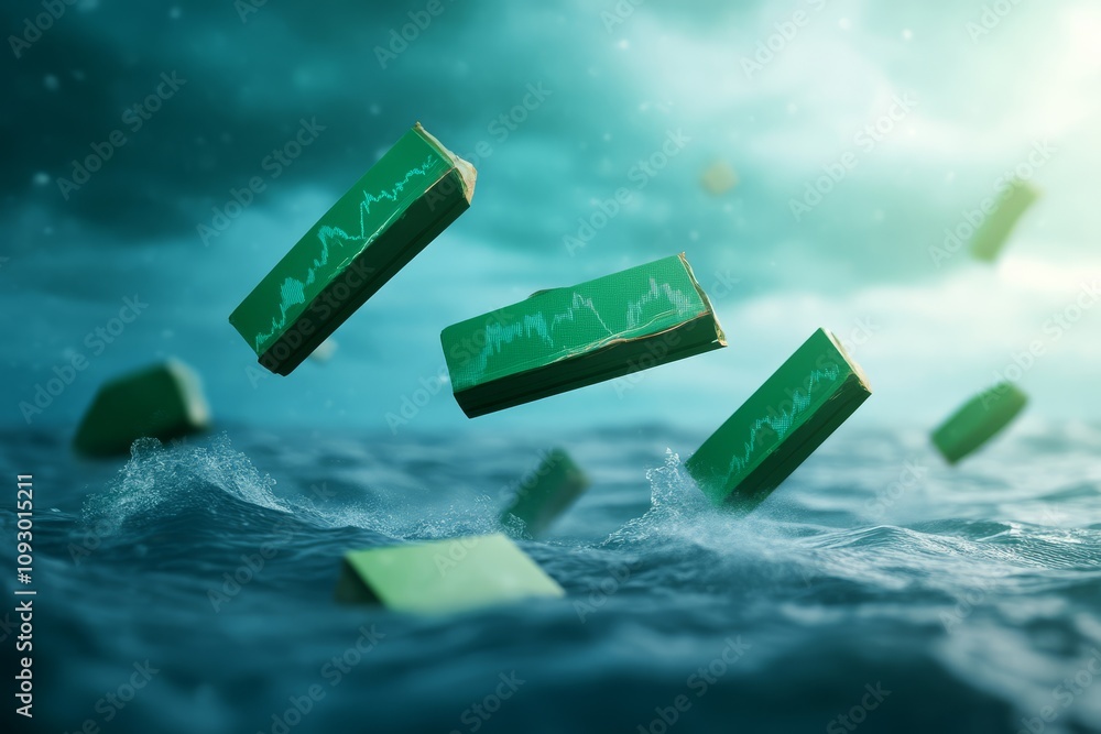 Poster floating green bars in a tumultuous sea create a striking visual metaphor for volatility and uncerta