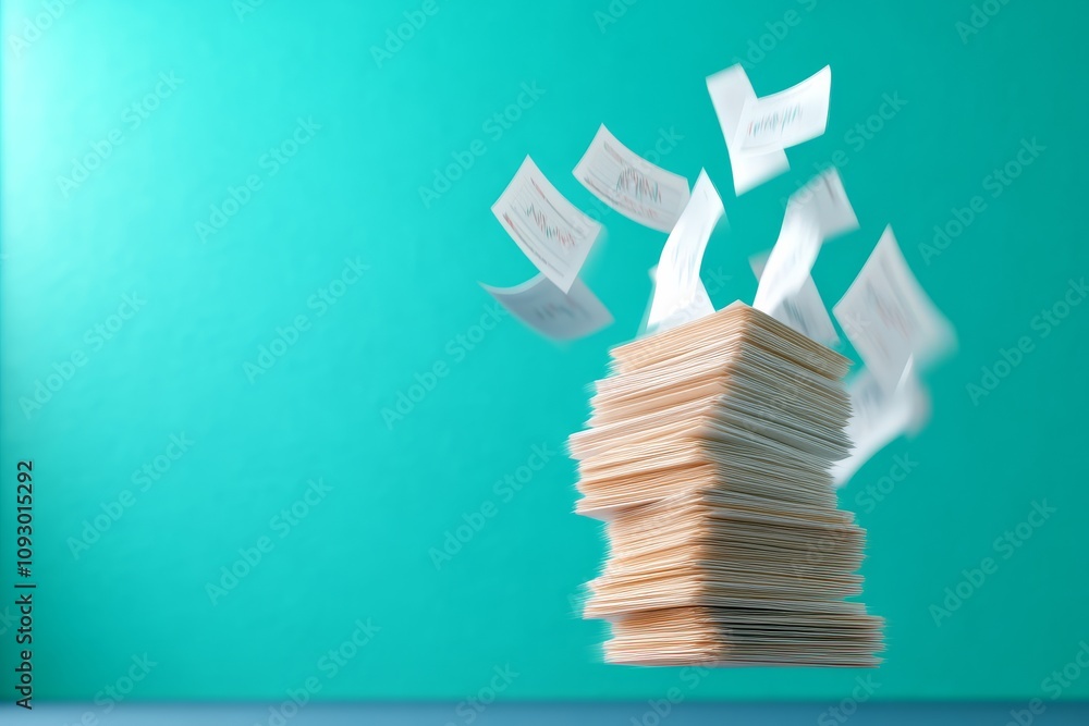Poster a dynamic image showing a stack of documents with papers flying in the air against a vibrant teal ba