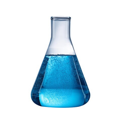 Beaker glass with blue test solution, isolated transparent background image