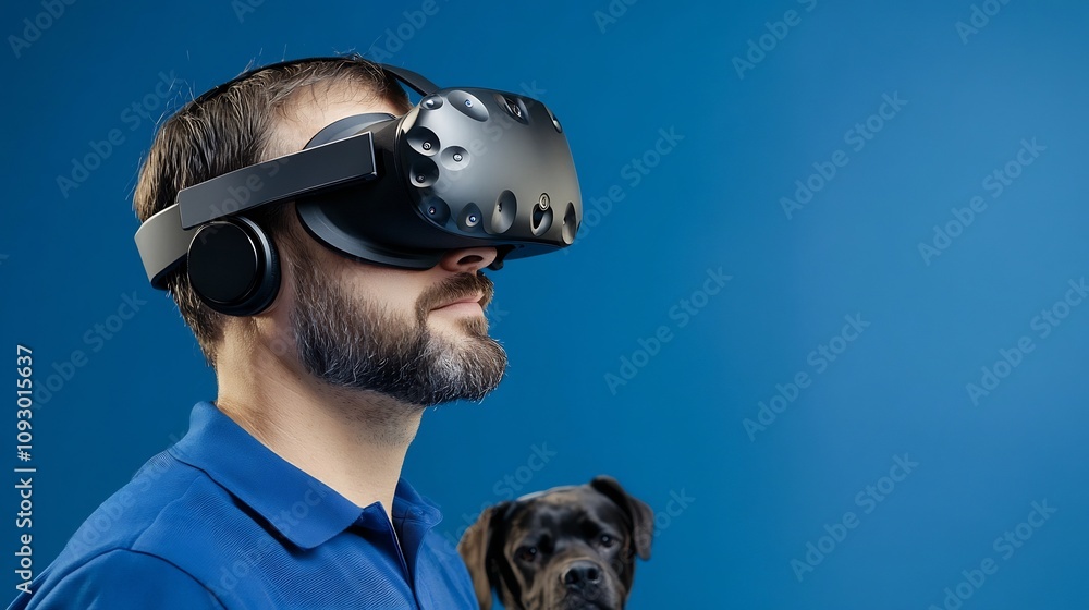 Poster professional using virtual reality headset for training in tech-enhanced workspace