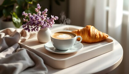 Minimalist Vector of a Cozy Breakfast Tray with Coffee, Croissant, and Flowers in Neutral Tones