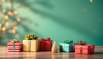 Pile of Beautifully Wrapped Christmas Presents in Red, Green, and Gold with Bows and Ribbons