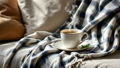 Vector Illustration of a Steaming Cup of Tea and Plaid Blanket on a Couch in Muted Tones