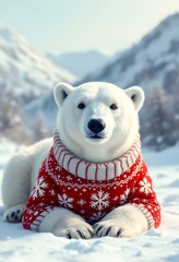 Cute Vector Illustration of a Polar Bear in a Red Christmas Sweater with Snowflake Patterns