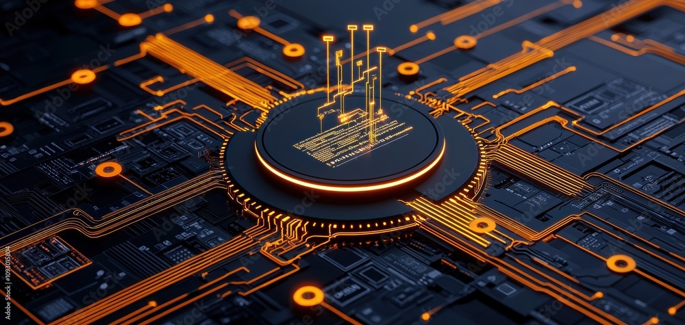 Poster chart diagram finance graph concept. A futuristic circuit board with glowing elements, showcasing intricate designs and a central processor.