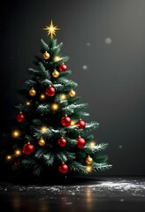 Minimalist Vector Illustration of a Christmas Tree with Red and Gold Ornaments and Star