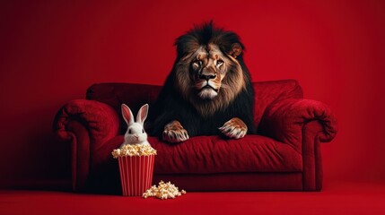 Lion rests with rabbit on vibrant red couch scene