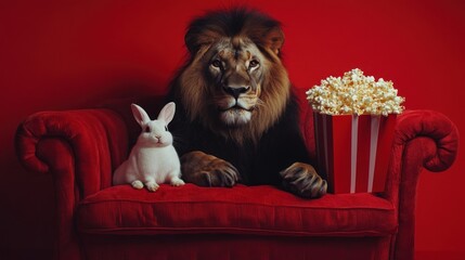 Cute rabbit and lion rest on a bold red couch