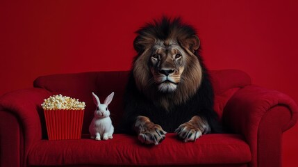 Lion and rabbit relaxing on red sofa with popcorn
