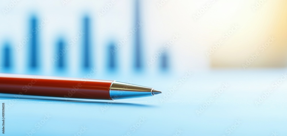 Poster chart diagram finance graph concept. A close-up of a red pen on a desk with blue bar graphs in the background, symbolizing analysis and data insights.