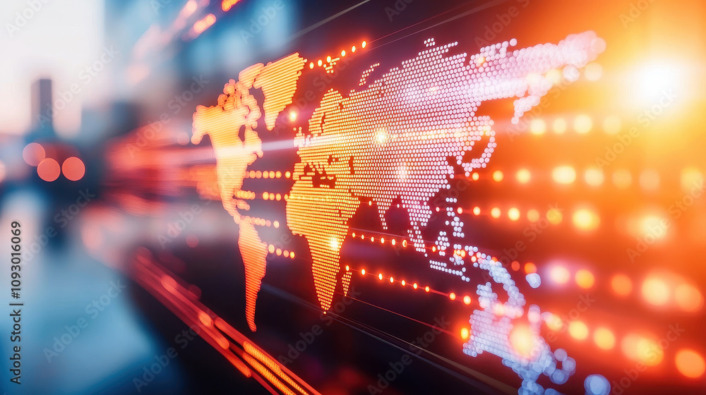 Poster e-commerce supply chain of sales concept. digital world map illuminated with vibrant data streams an