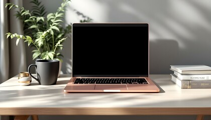 Modern Minimalist Vector Illustration of a Desk Setup with Laptop, Plant, and Coffee Cup