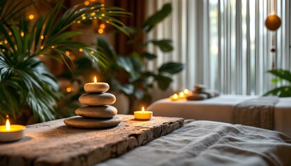 Serene Spa Setting with Candles, Stones, and Greenery in Soft Ambient Lighting