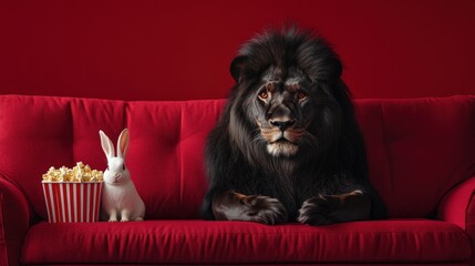 Lion and rabbit on a couch with a popcorn bucket.