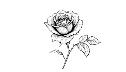 Minimalist Black-and-White Line Drawing of a Rose with Delicate Leaves