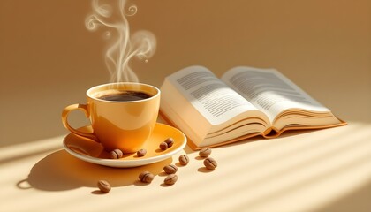 Flat Vector Design of a Steaming Coffee Cup and Open Book in Warm Earthy Tones