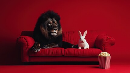Lion and rabbit on vibrant red couch sharing popcorn