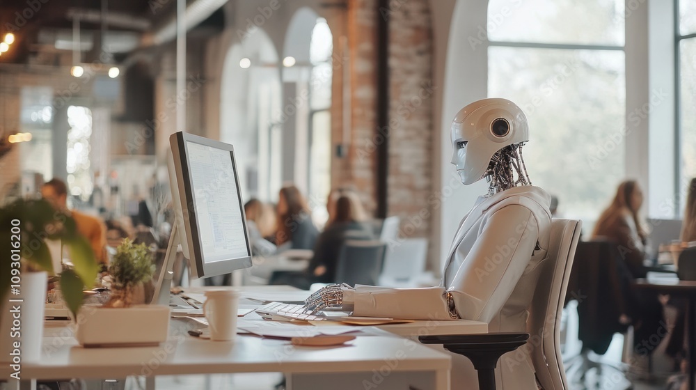 Poster a humanoid robot working at a computer in a modern office environment with people around.