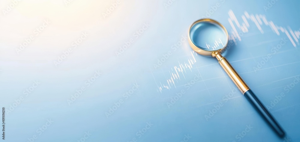Fototapete chart diagram finance graph concept. A magnifying glass rests on a light blue background, emphasizing graph lines that symbolize analysis and scrutiny in data or finance.