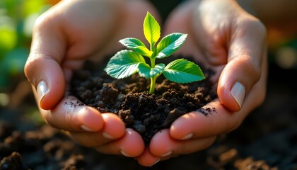 Close-Up of Hands Holding a Young Green Seedling with Sunlit Soil and Leaves