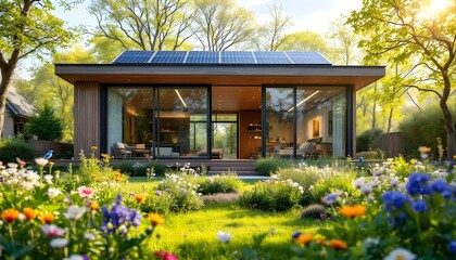 Modern Sustainable Eco-Home with Solar Panels and Lush Green Surroundings
