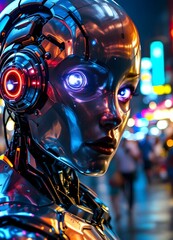 Close-Up of Futuristic Humanoid Robot with Metallic Silver Skin and Neon Lighting