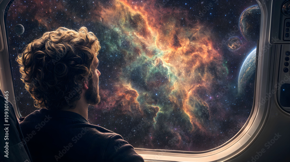 Wall mural a person sits by a spacecraft window, staring out into the vastness of space. brightly colored nebul