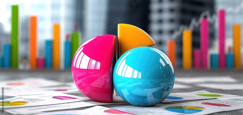 Poster chart diagram finance graph concept. A vibrant visual featuring colorful pie charts on a workspace, symbolizing data analysis and business growth.