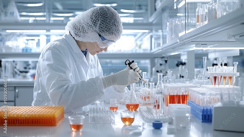 Poster passionate researcher meticulously pipettes and mixes solutions in glassware driven to advance the d