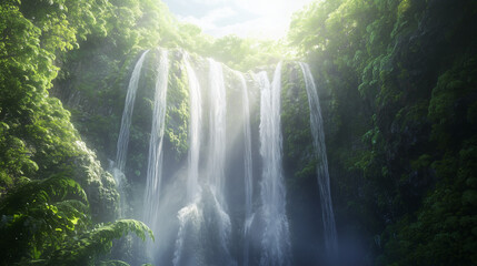 Majestic waterfall cascading down moss-covered cliffs, surrounded by lush greenery, mist rising from the base, with sunlight streaming through dense forest canopies