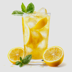 Refreshing Lemonade with Ice and Mint Leaves Perfect for Summer Days, Featuring Slices of Bright Yellow Lemons and a Cool Beverage Presentation