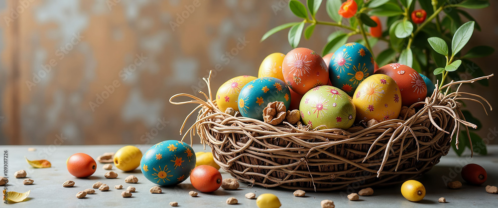 Poster a basket of eggs with different colors and designs on them. the basket is on a table with some nuts 