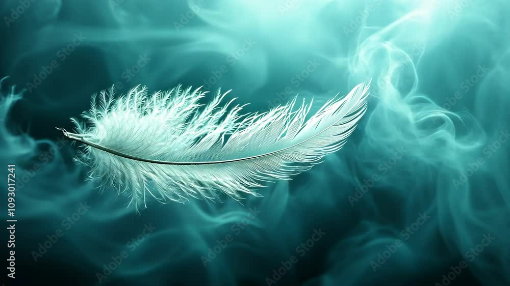 Poster delicate white feather floating through soft blue and green mist in an ethereal setting
