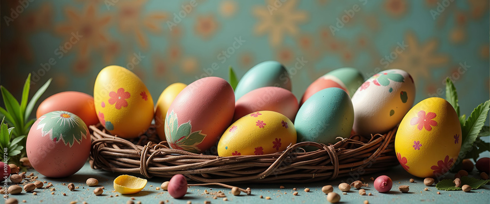 Poster a basket of eggs with different colors and designs on them. the basket is on a table with some nuts 