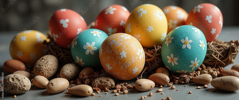 Poster a basket of eggs with different colors and designs on them. the basket is on a table with some nuts 