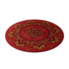A red and yellow rug with a flower pattern
